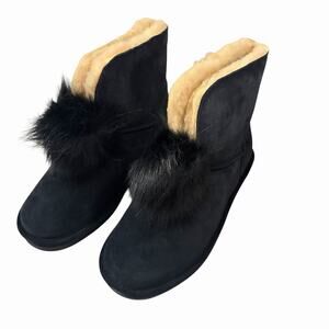 BEARPAW Libby Women's Size 9 Navy Blue Suede Fur Pom Pom Ankle Boots NIB 2283W